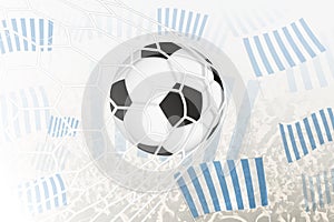 Football ball in goal net on crowd background with blue and white vertical stripes club flag