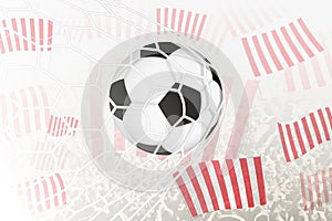 Football ball in goal net on crowd background with red and white vertical stripes club flag