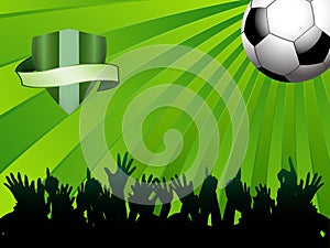 Football ball on green background with shield and crowd