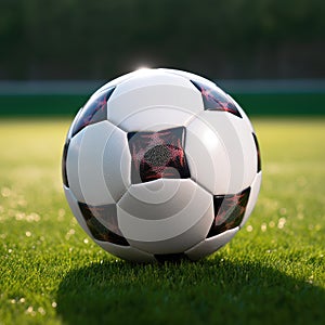 Football Ball. Illustration of a brend new football ball on a green soccer field. Generative AI (Real 300 DPI)