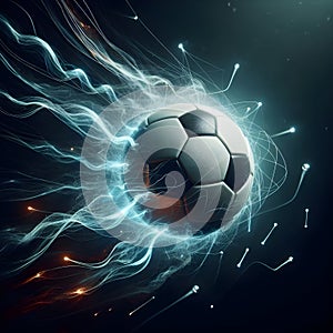 Football ball moving through space with energy flowing out, sports power concept