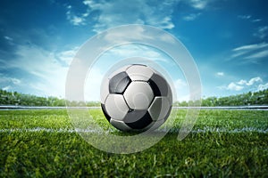 football ball. A soccer ball by the goal on the field. Green grass, sporting ambiance