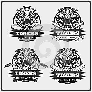 Football, baseball, cricket and hockey logos and labels. Sport club emblems with tiger. Print design for t-shirt.