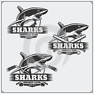 Football, baseball and hockey logos and labels. Sport club emblems with shark.