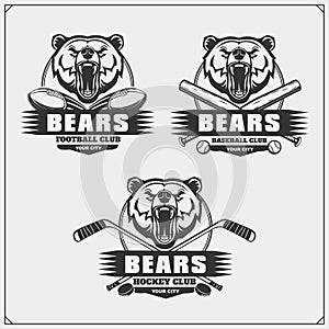 Football, baseball and hockey logos and labels. Sport club emblems with tiger.