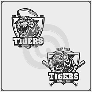 Football and baseball logos and labels. Sport club emblems with tiger.