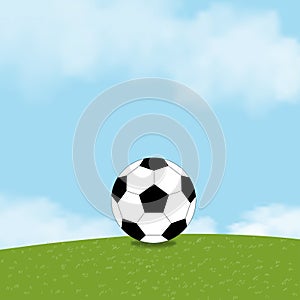 Football black and white on green fields with fluffy cloud and blue sky, One Soccer ball on grass lawn