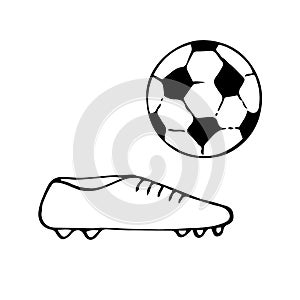 Football boot and ball vector illustration, hand drawing doodle