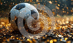 Football bouncing on the floor with hot sparks and gold glitter - soft focus bokeh background