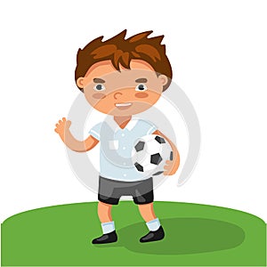 Football boy. kid holding soccer ball in hands. school child playing in sport game. Vector illustration flat style