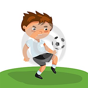 Football boy Runs attacking, passes passes, active dynamic, movements. kid play with soccer ball. running school child playing in