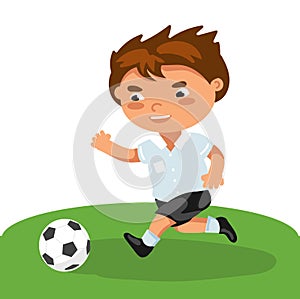 Football boy Runs attacking, passes passes, active dynamic.soccer ball. running school child. Vector illustration in flat style