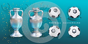 Football championship 2020 background. Euro 2020 design background soccer or football texture. Realistic balls and cups for the