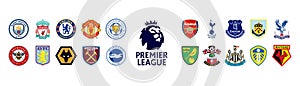 Football clubs of England. English Premier League 2021-2022. Leicester City, Liverpool, Chelsea, Manchester United, Manchester