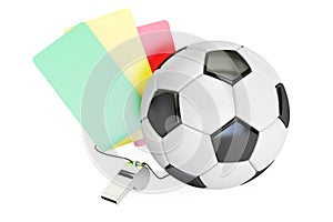 Football concept with green, red, yellow card and whistle. 3D re