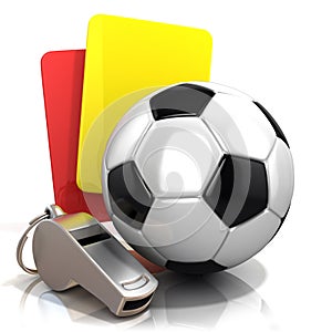 Football concept. Penalty card, metal whistle and soccer ball