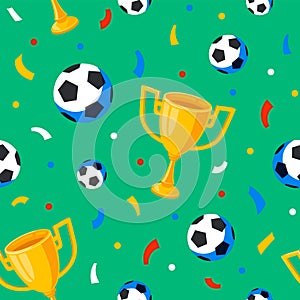 Football cup, balls and confetti seamless pattern. Sport championship. Flat style cartoon full color background.