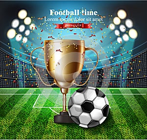 Football cup on the stadium Vector. Winner champion concept