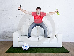 Football fan watching tv soccer celebrating goal in couch on grass carpet emulating stadium pitch