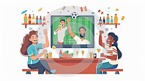 Football fans crowd watching a soccer match on TV in a pub. Happy couple with beer in hand cheering, celebrating the win