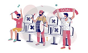 Football fans in face masks watching soccer game keeping social distancing flat vector illustration. New normal COVID-19