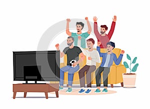 Football fans, friends watching match on TV. Men sitting on couch and celebrating soccer team winning or goal