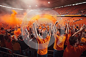 Football fans in orange tshirts at the stands of the stadium, Fans celebrating and cheering inside a stadium, AI Generated