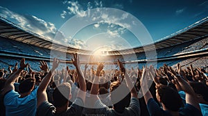 Football Fans show hands celebration on big stadium during football game with blue sky, Generative AI