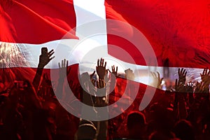 football fans supporting Denmark - crowd celebrating in stadium with raised hands against Danish flag