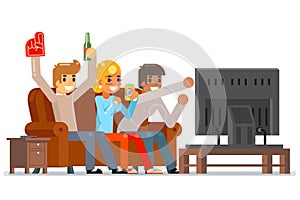 Football fans together gamer girl boy friends group watching tv soccer game match competition cartoon characters flat