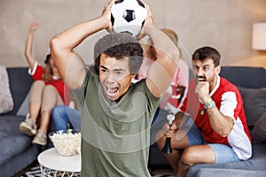 Football fans watching the game, cheering and celebrating victory