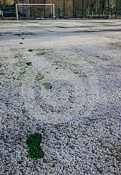 The football field with artificial green grass is covered with a light layer of snow. Early spring. Green grass on the football