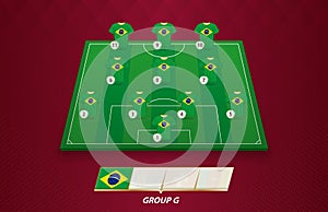 Football field with Brazil team lineup for European competition