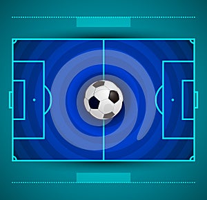 Football field with circular grass texture and soccer ball, blue and aqua color combination