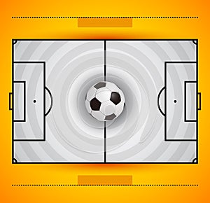 Football field with circular grass texture and soccer ball, yellow and white color combination
