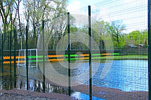 Football field during the flood of river