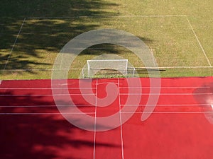 Football field and gate in stadium, aerial view