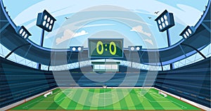 Football field with green grass and scoreboard