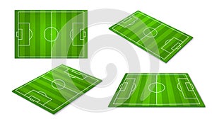 Football field. Green soccer play grounds, different camera angles, perspectives and top view, white lines markup