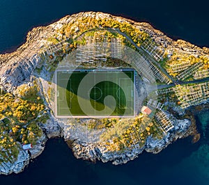 Football field in Henningsvaer from above