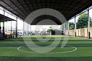 Football field Small, Futsal ball field in the gym indoor, Soccer sport field outdoor park with artificial turf