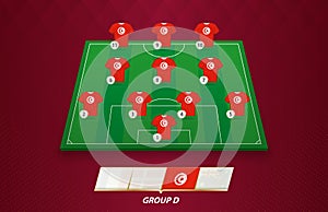 Football field with Tunisia team lineup for European competition