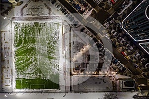 Football field in winter view from above
