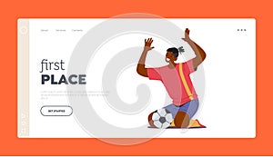 Football First Place Landing Page Template. Black Sportsman Soccer Player Celebrating Win After Goal, Male Character