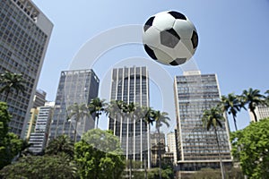 Football Flying in Sao Paulo Brazil City Skyline