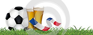 Football France, soccer ball and glasses of beer, ribbons with flag of France, vector
