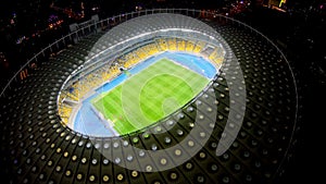 Football game at large stadium, night aerial view of soccer competition, sport