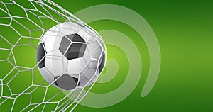 Football goal background. Soccer banner with ball in net and place for text, sport game and football championship cut