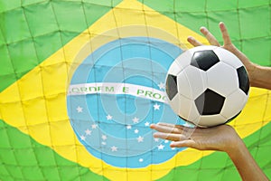 Football Goalie Makes a Save Brazilian Flag Goal