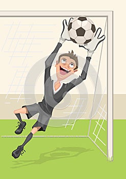 Football goalkeeper catches ball. Penalty kick in soccer photo